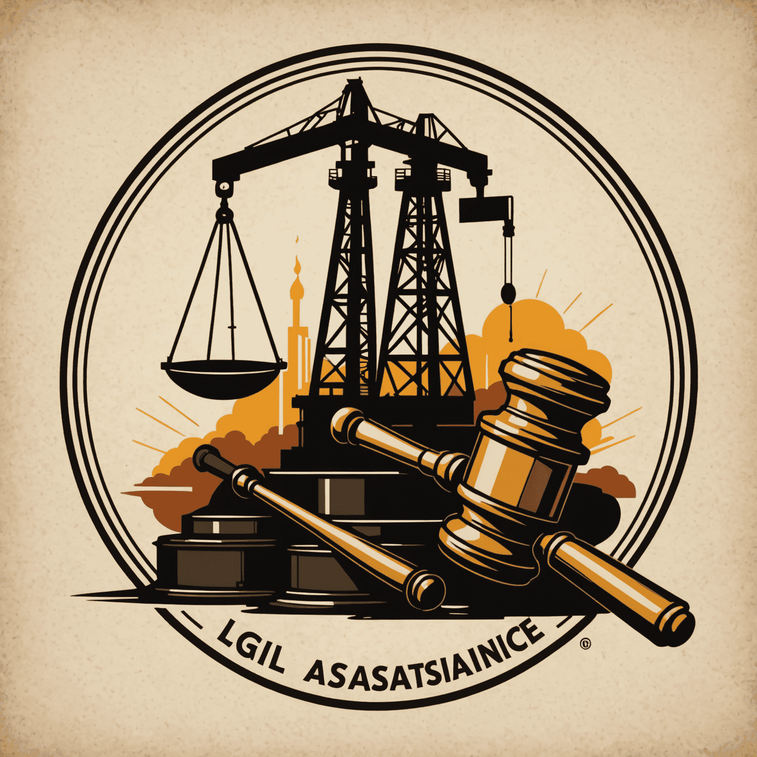 Legal assistance in oil and gas industry logo featuring a stylized oil derrick and gavel