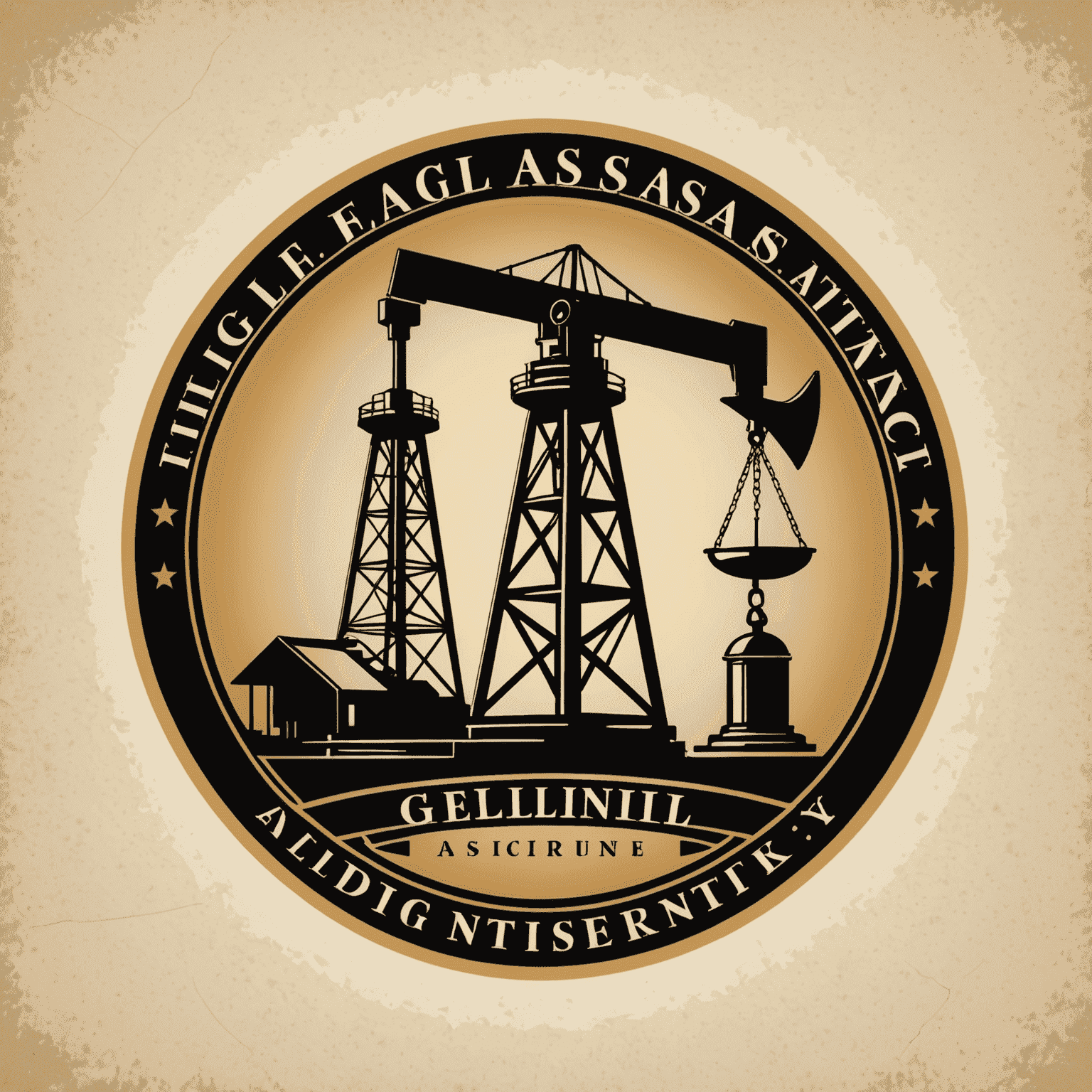 Legal assistance in oil and gas industry logo featuring a stylized oil derrick and gavel