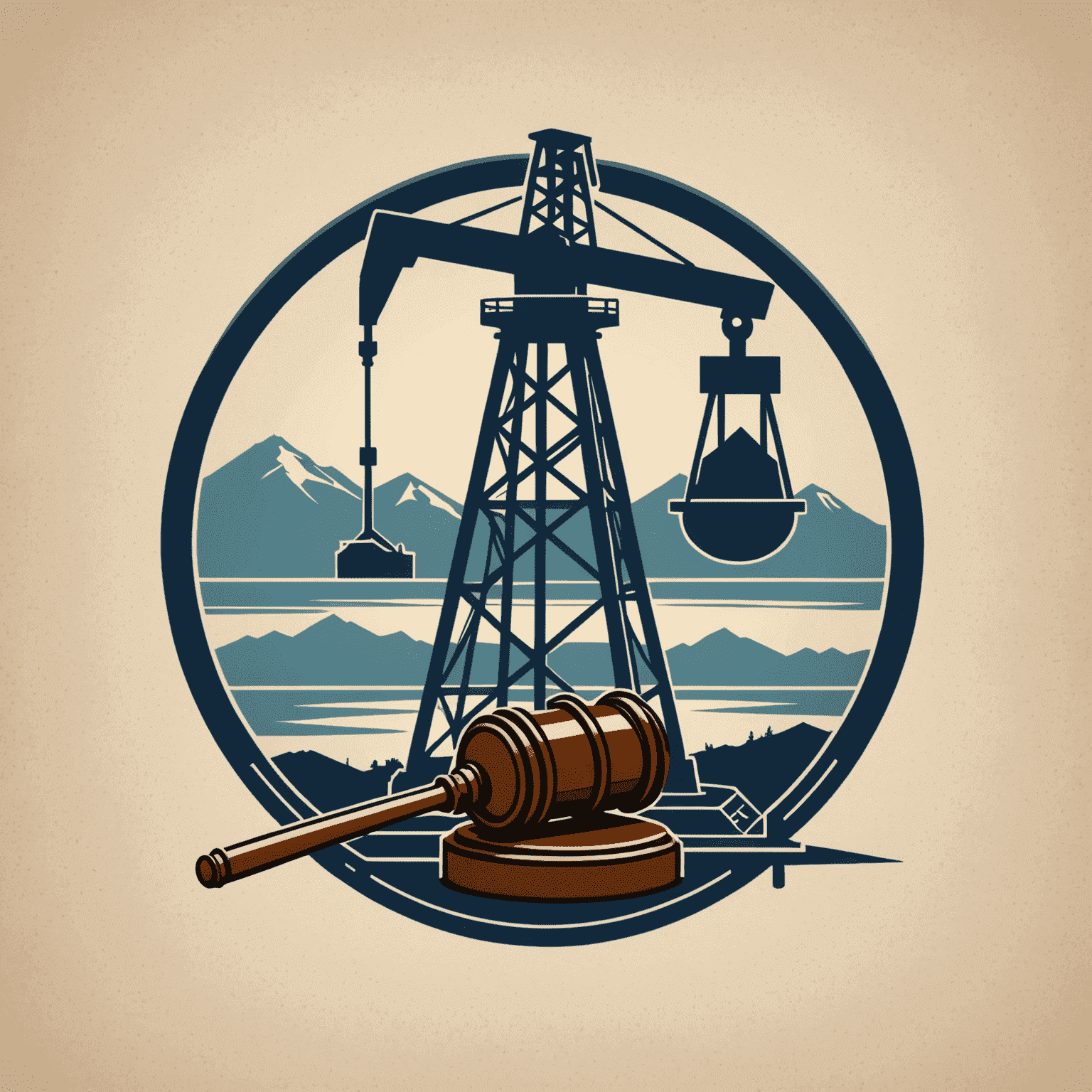 Legal assistance in oil and gas industry logo featuring a stylized oil derrick and gavel