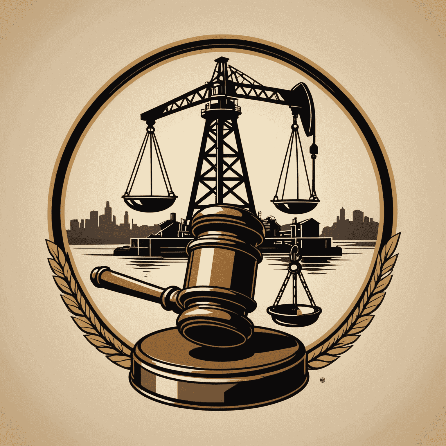 Legal assistance in oil and gas industry logo featuring a stylized oil derrick and gavel