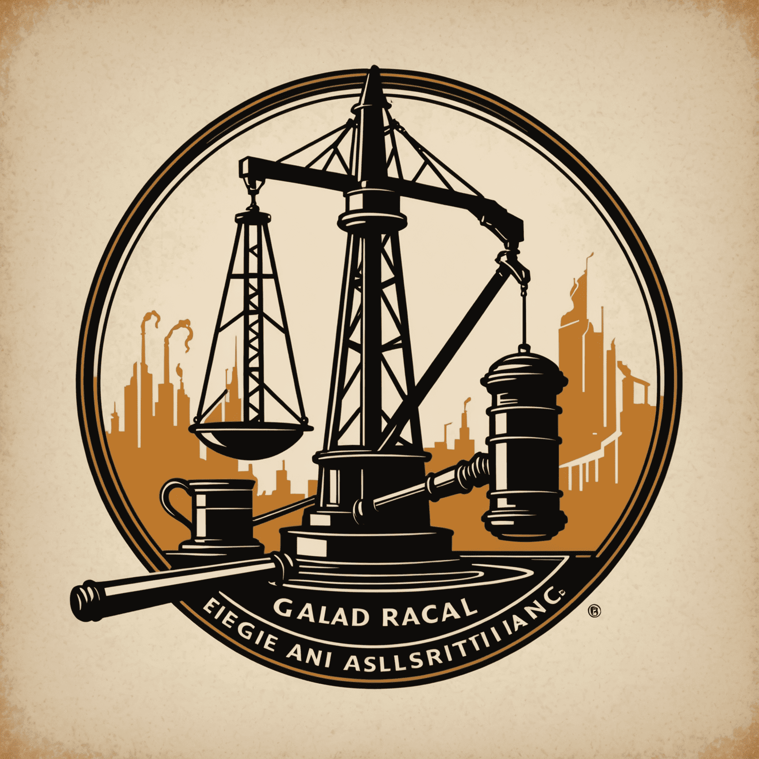 Legal assistance in oil and gas industry logo featuring a stylized oil derrick and gavel