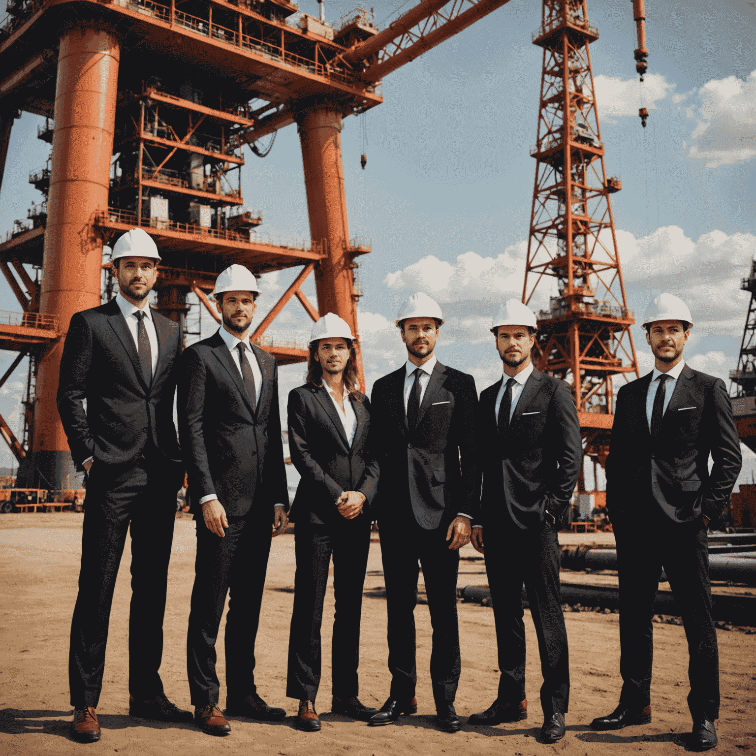 A professional team of lawyers in suits standing in front of an oil rig, symbolizing legal expertise in the petroleum industry