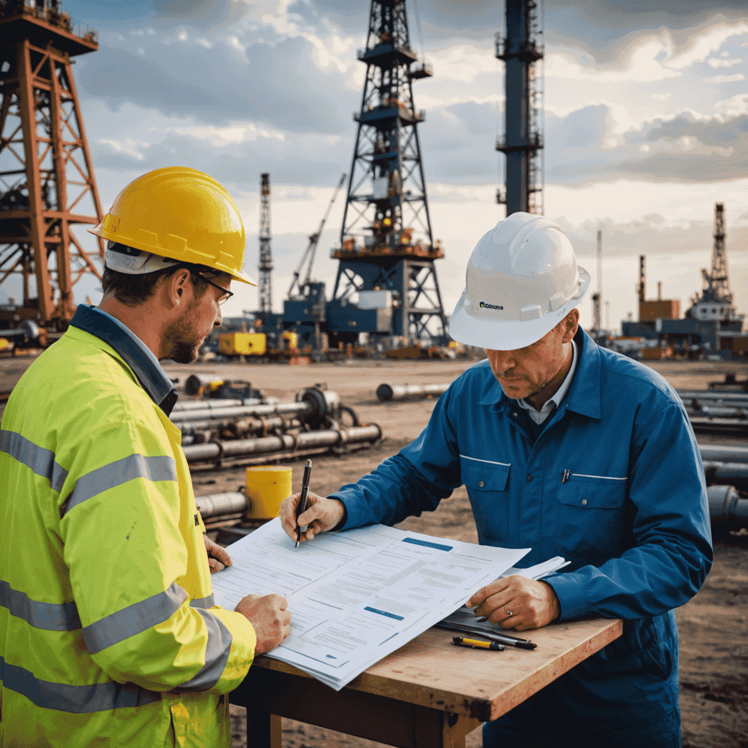 Image depicting contract negotiation in the oil and gas industry, showing professionals discussing documents with oil rigs in the background