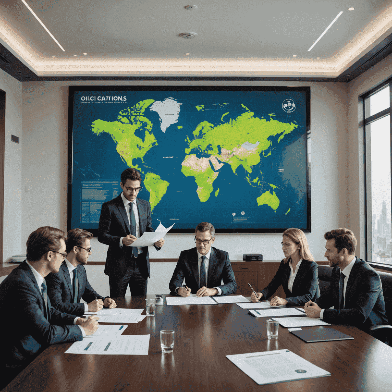 A professional team of lawyers discussing an oil and gas contract, with documents spread on a modern conference table. In the background, there's a large screen displaying contract clauses and a world map highlighting oil and gas regions.