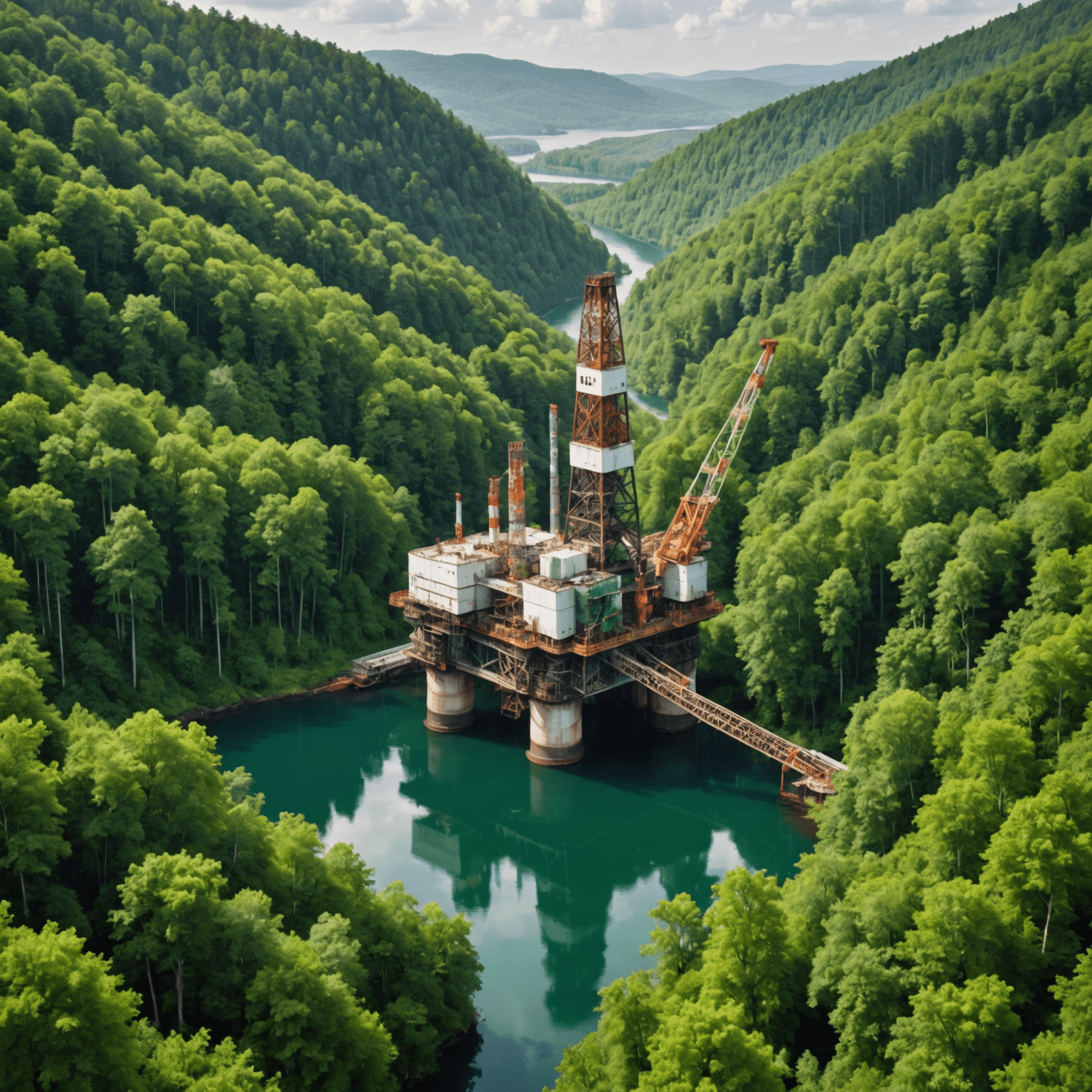 A split image showing an oil rig on one side and a lush green forest on the other, symbolizing the balance between industry and environmental protection