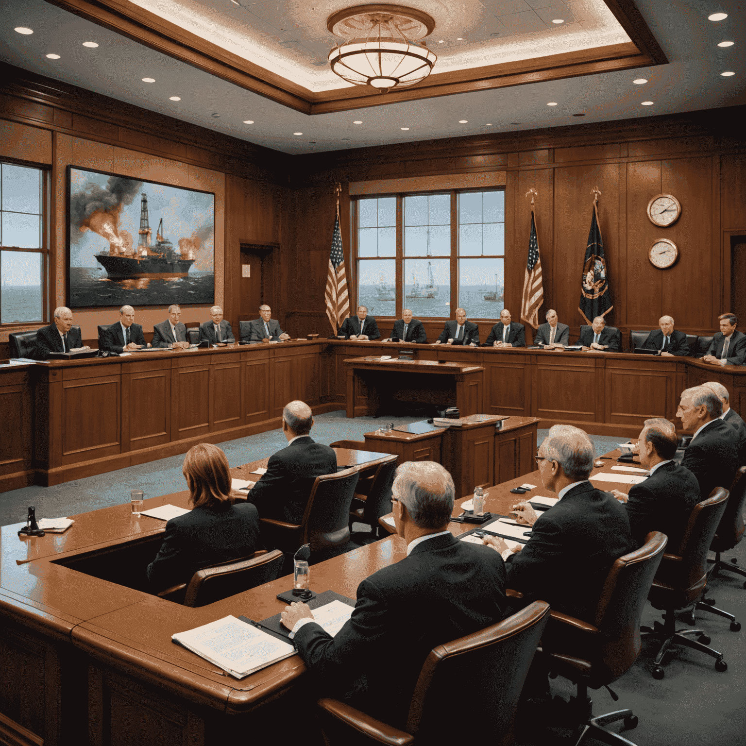 A professional courtroom setting with lawyers presenting arguments related to oil and gas disputes. In the background, there are images of oil rigs and gas pipelines, symbolizing the industry context.