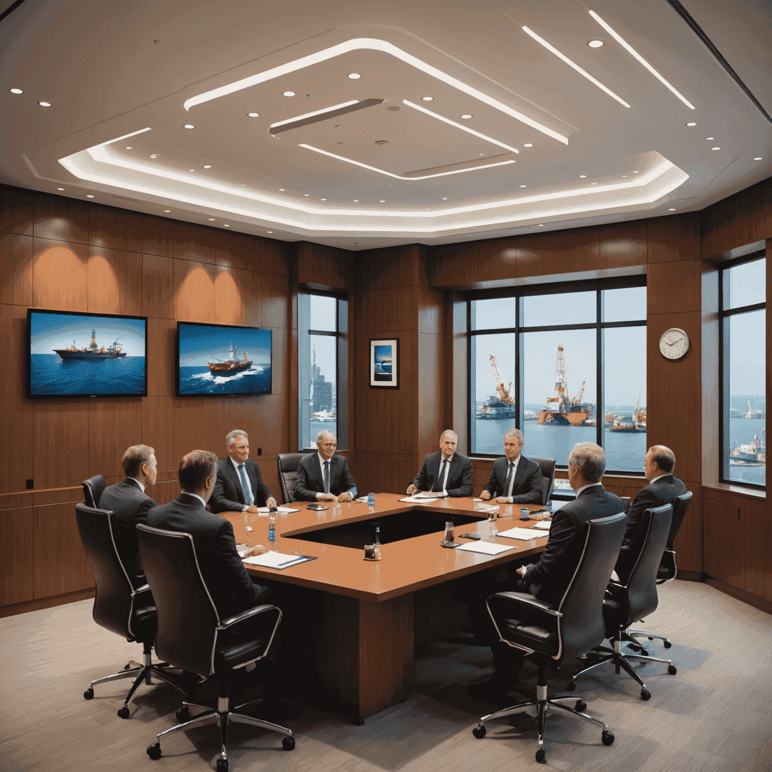 A professional meeting room with executives discussing merger documents, oil rig models on the table, and energy company logos visible on the wall