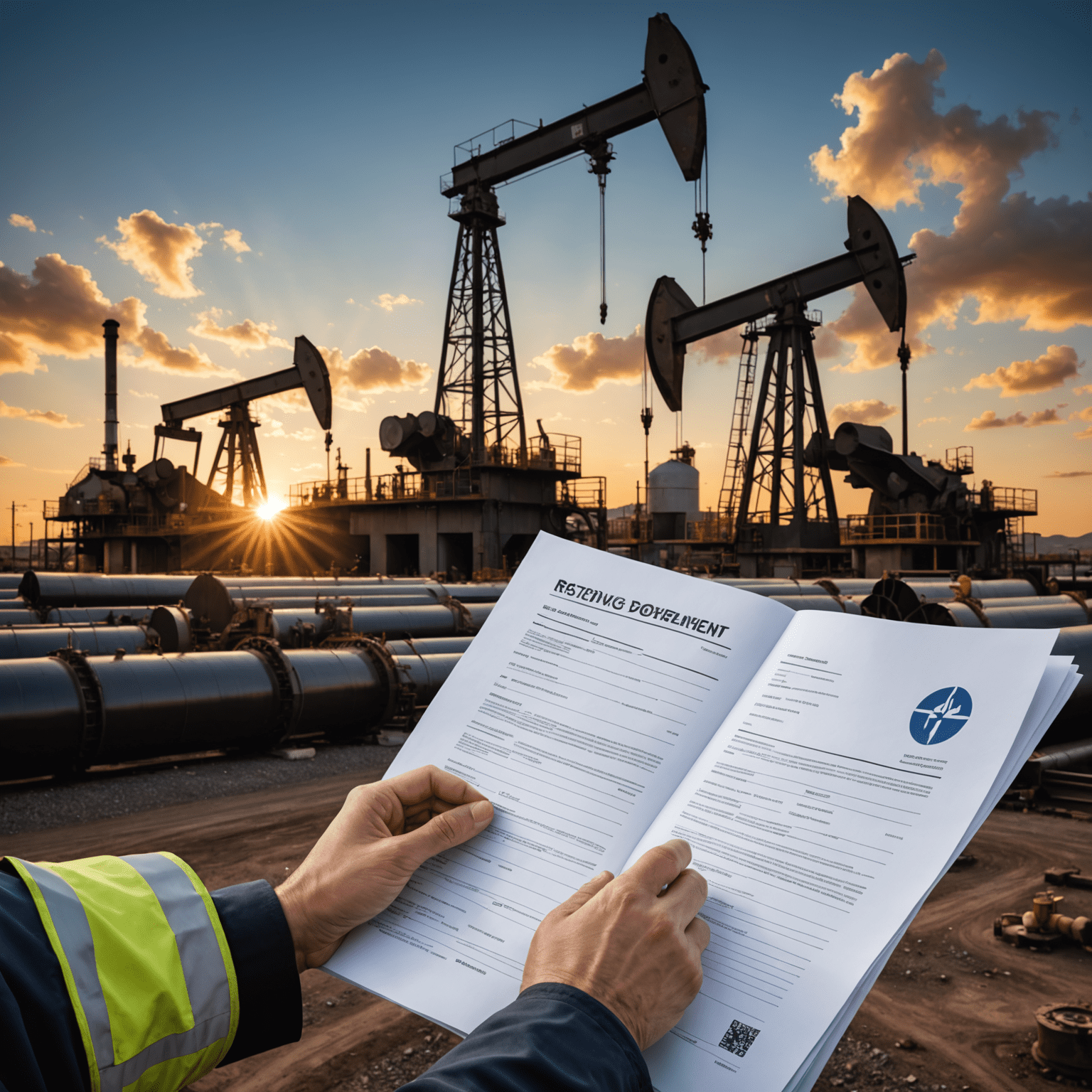 Image showing a professional reviewing regulatory documents with oil and gas industry symbols