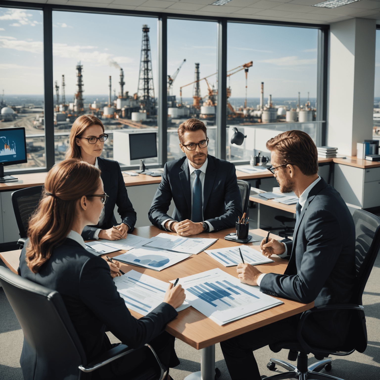 A team of legal experts analyzing regulatory documents and discussing compliance strategies in a modern office setting with oil and gas industry imagery in the background.