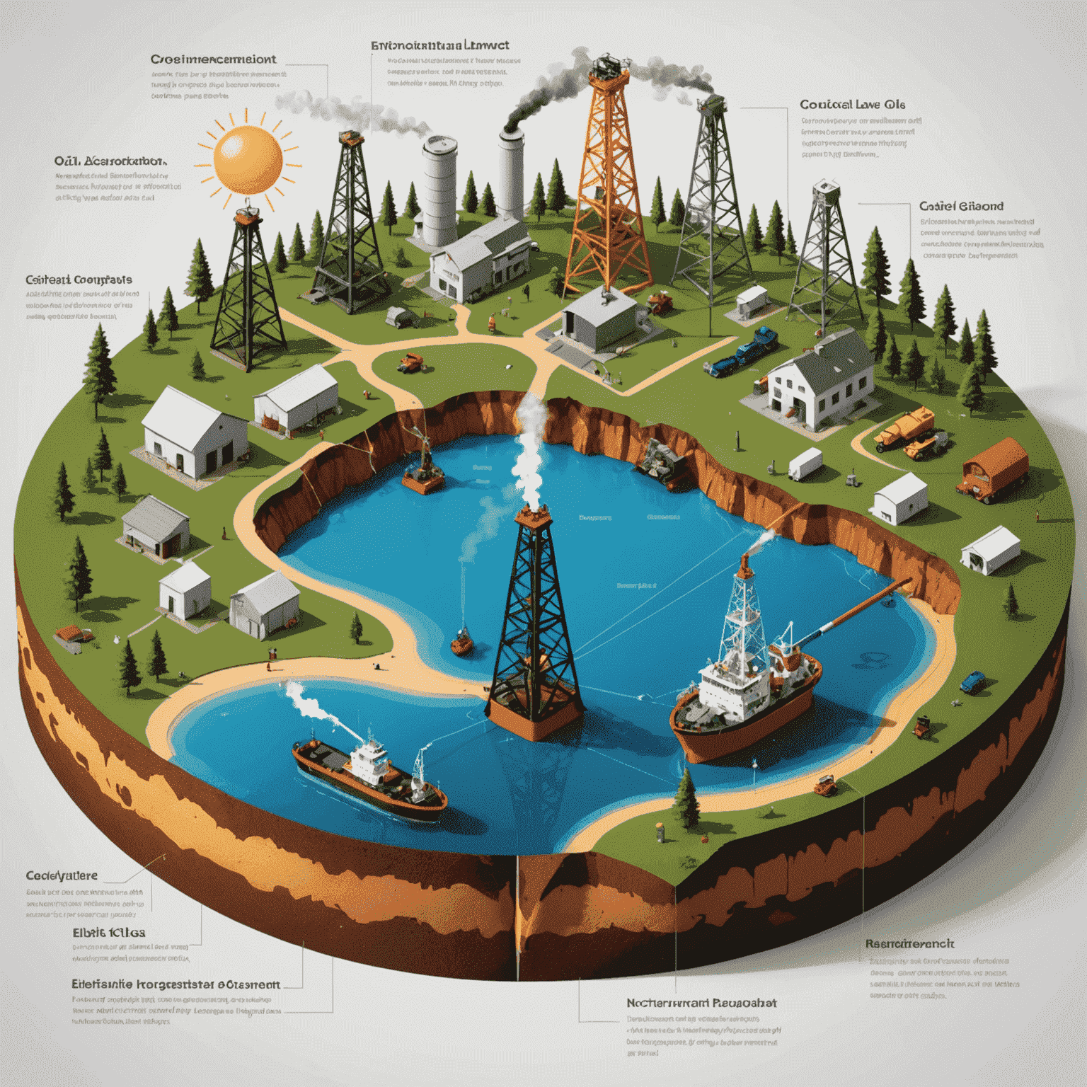 A diagram showing the interconnected aspects of environmental law in the oil and gas industry, including regulatory compliance, impact assessment, and dispute resolution