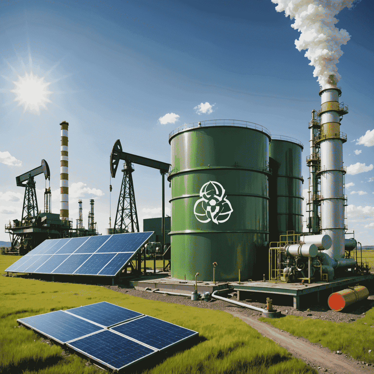 Image depicting environmental protection in the context of oil and gas operations, showing green energy symbols alongside oil industry elements