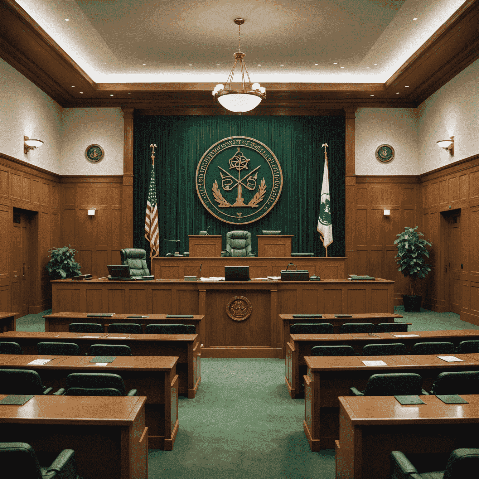 Image showing a courtroom with environmental symbols, representing environmental litigation trends in the oil and gas sector