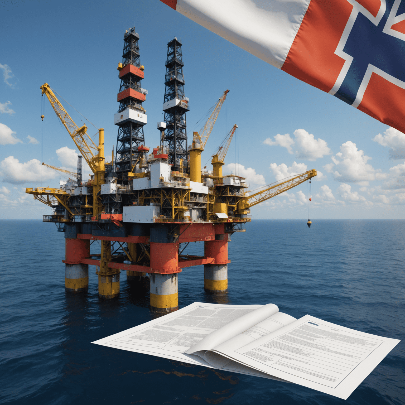 Image of an offshore oil rig with legal documents and maritime flags, illustrating the complex legal considerations in offshore drilling