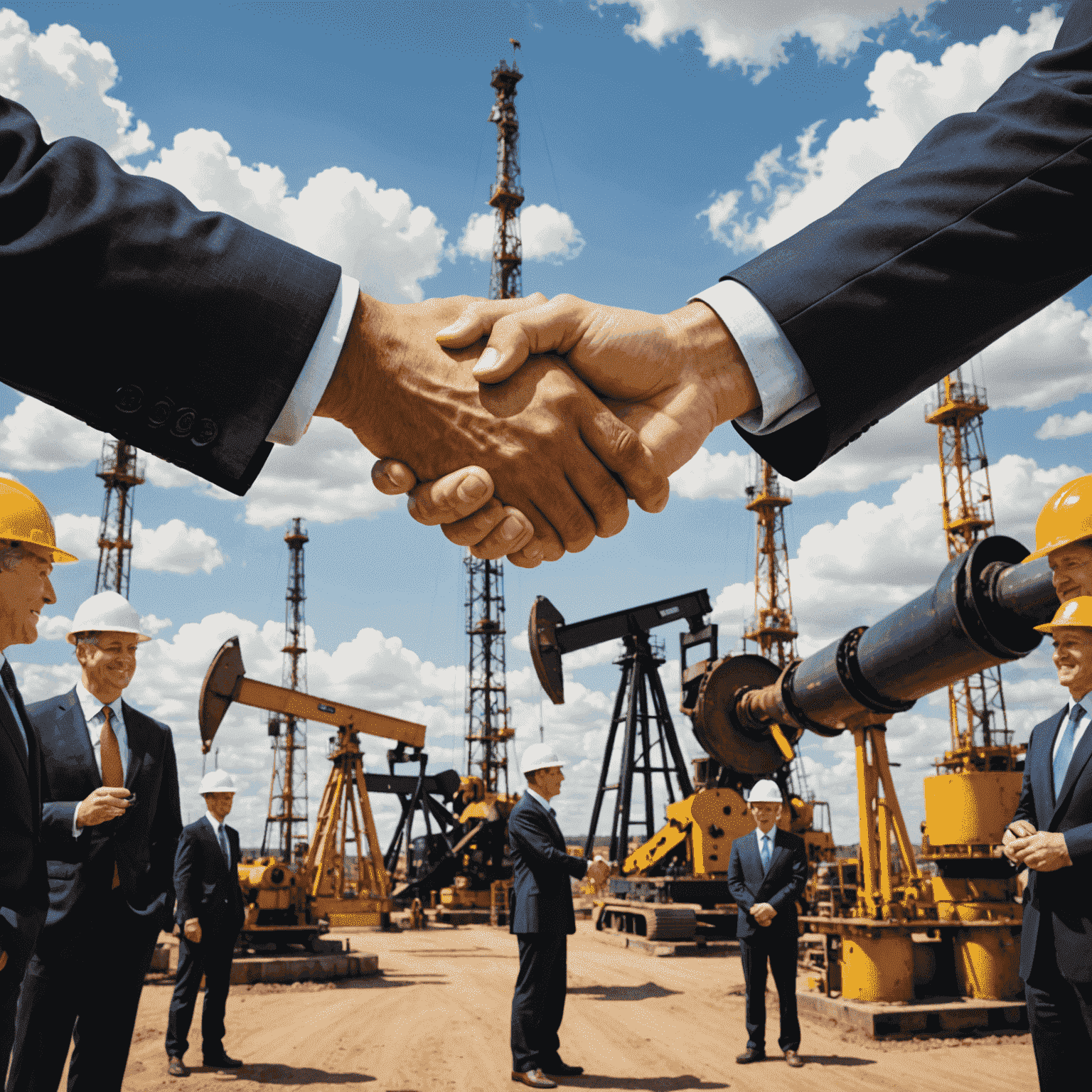 Image depicting mergers and acquisitions in the oil and gas industry, showing handshake between executives with oil company logos in the background